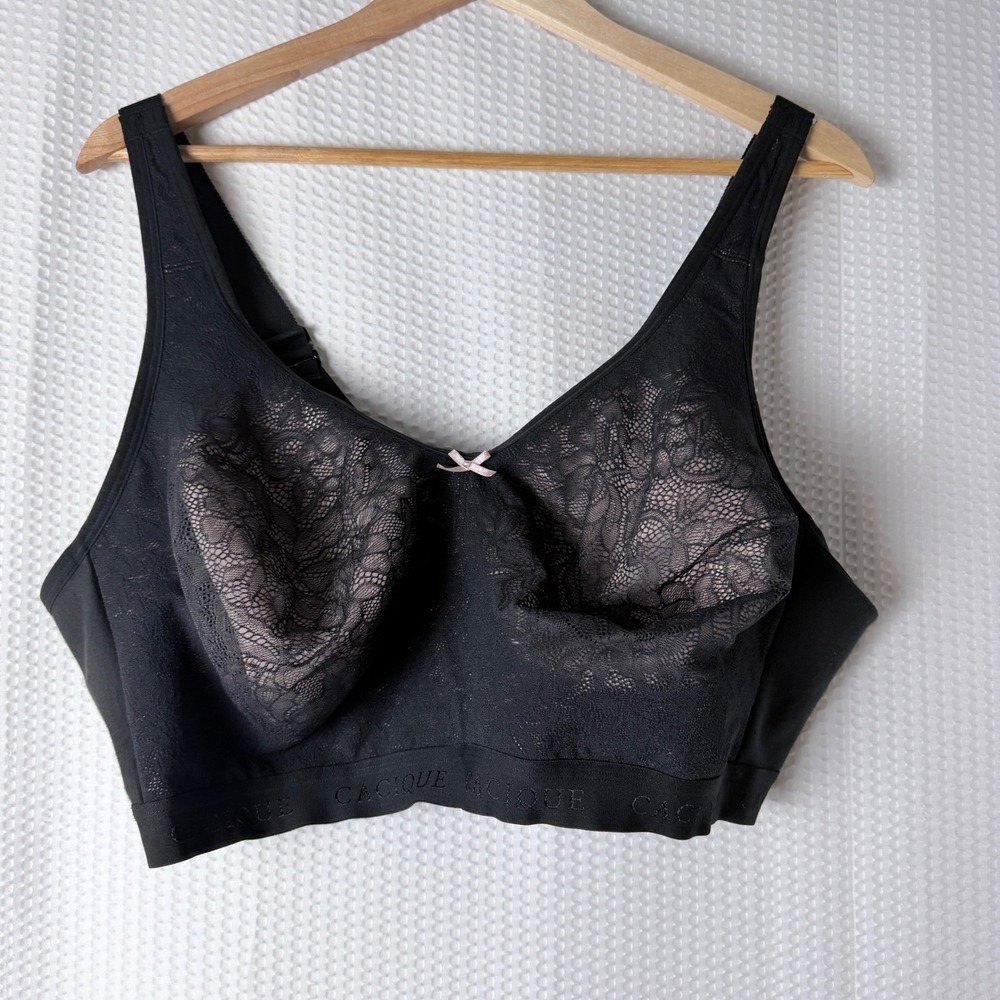 Cacique Bra Women 46DDD Black Lace Unlined Full Coverage No-Wire Wireless Logo